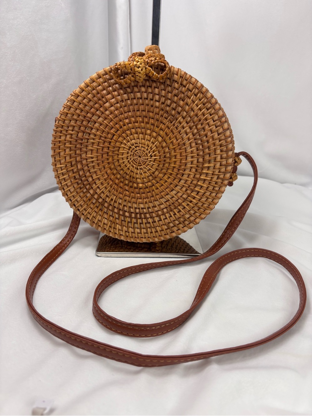 Round Rattan Crossbody Bag | Boho Woven Straw Purse Bali Bag w/ leather Strap - Picture 2 of 8